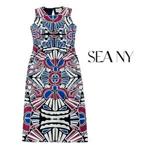 SEA NY Black Midi Sheath Dress with Red and Blue Laser Cut Embroidery Sz 2 EUC